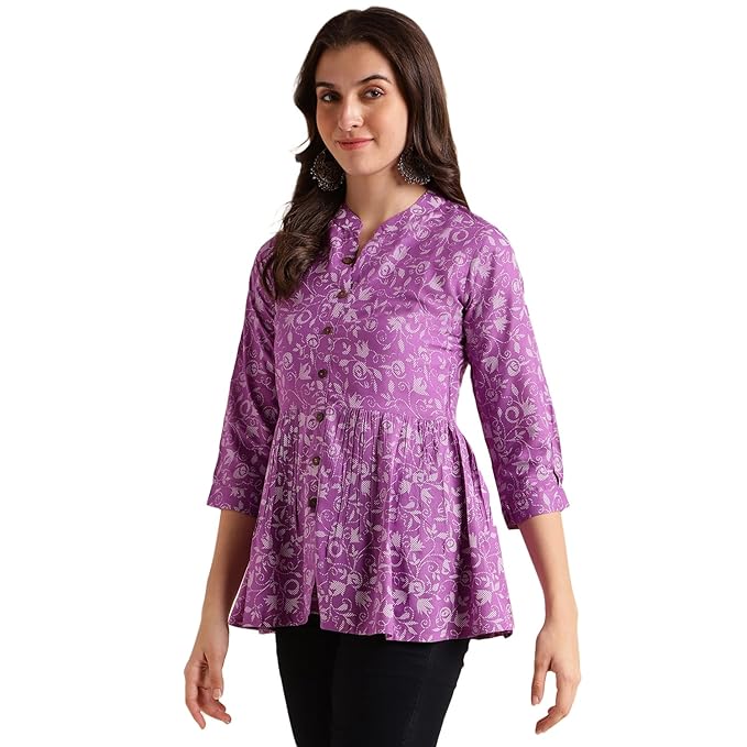 Fabclub Rayon Floral Printed A-Line Chinese Collar 3/4 Sleeve Women's Tunic Tops/Short Kurti